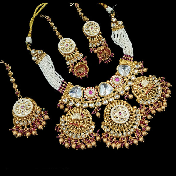 NAFJ Gold Plated Pota Stone And Pearls Meenakari Necklace Set