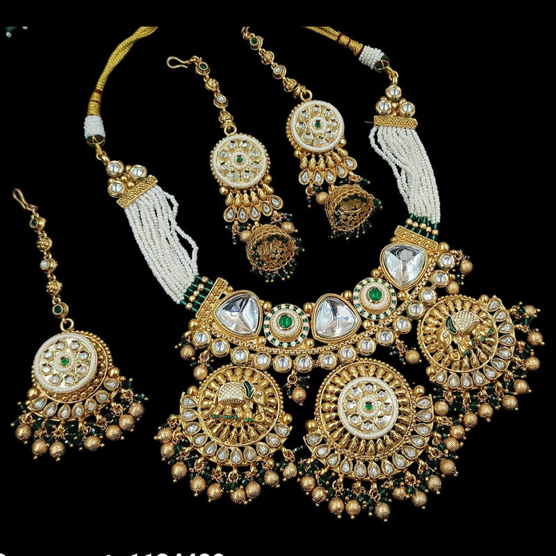 NAFJ Gold Plated Pota Stone And Pearls Meenakari Necklace Set