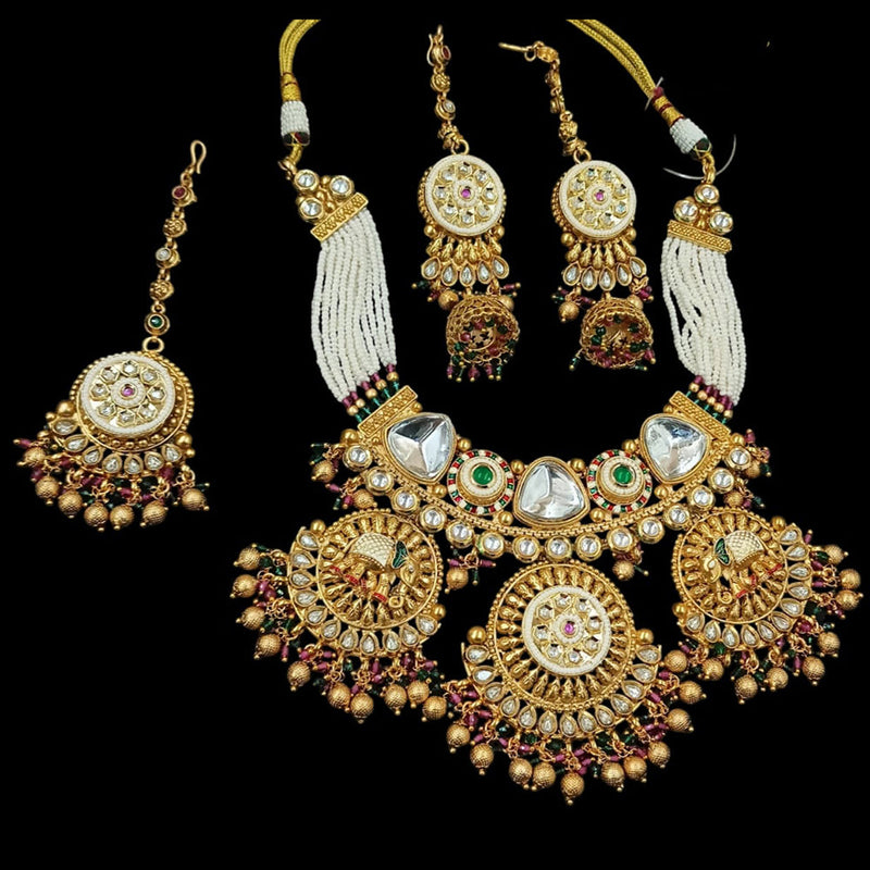 NAFJ Gold Plated Pota Stone And Pearls Meenakari Necklace Set