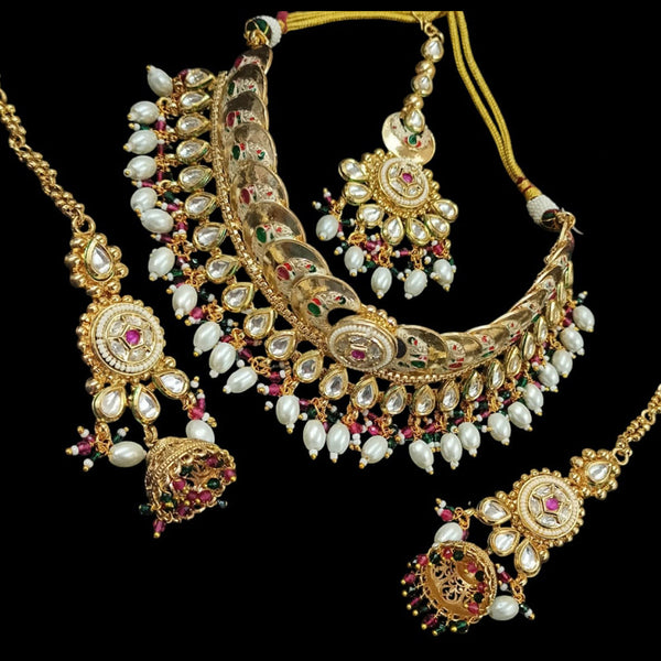 NAFJ Gold Plated Pota Stone And Pearls Meenakari Choker Necklace Set