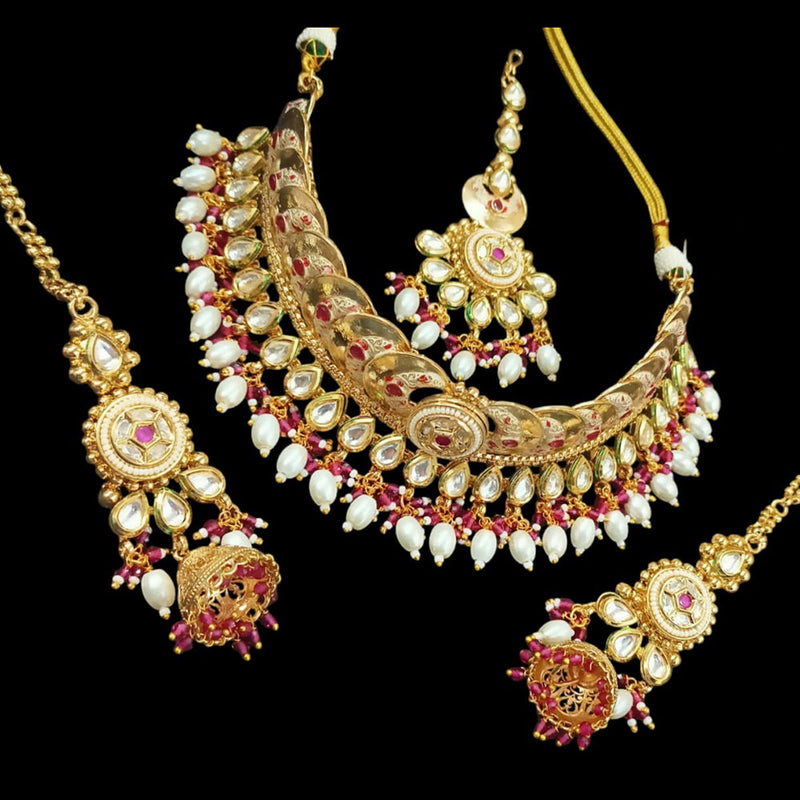 NAFJ Gold Plated Pota Stone And Pearls Meenakari Choker Necklace Set