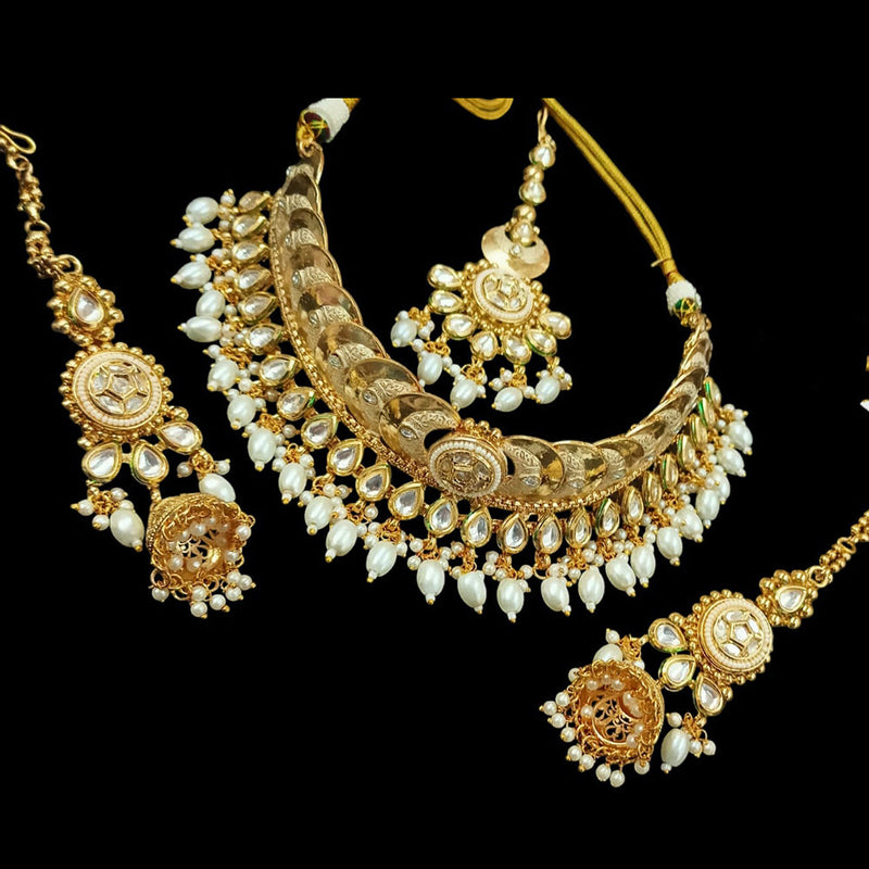 NAFJ Gold Plated Pota Stone And Pearls Meenakari Choker Necklace Set