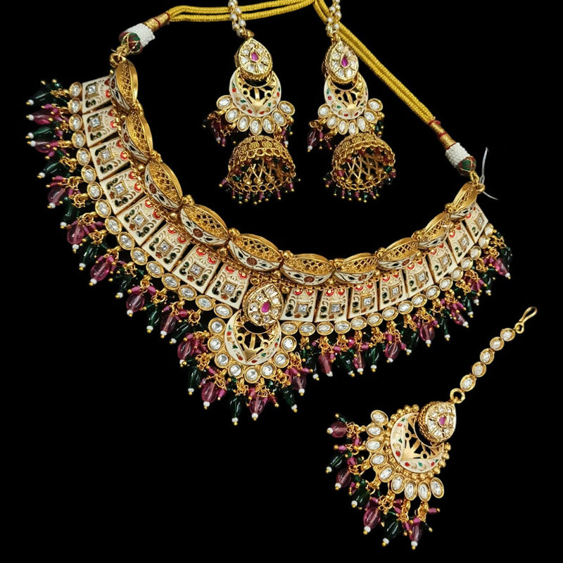 NAFJ Gold Plated Pota Stone And Pearls Meenakari Choker Necklace Set