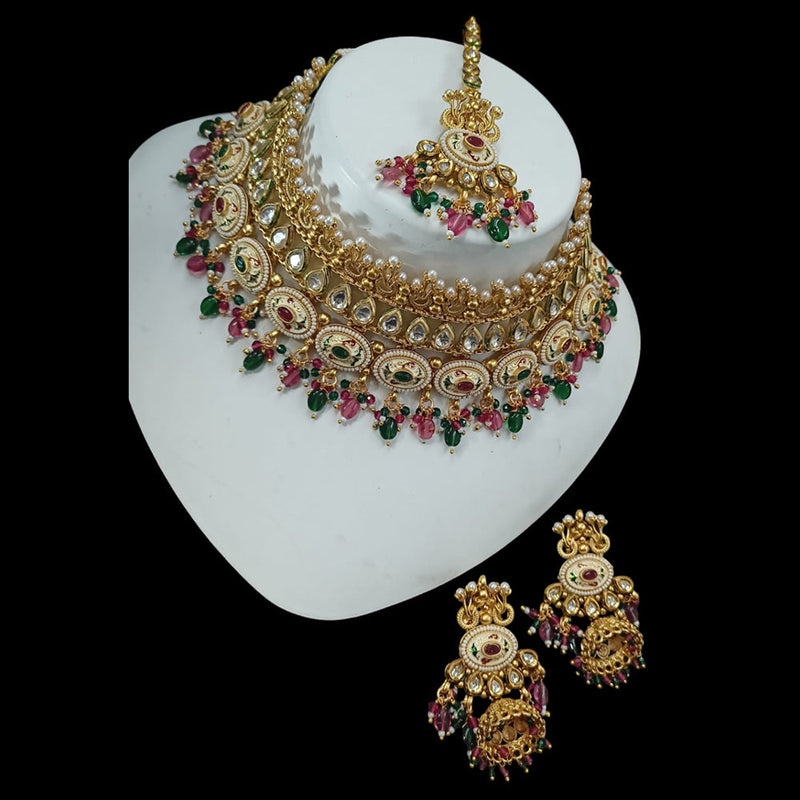 NAFJ Gold Plated Pota Stone And Pearls Meenakari Choker Necklace Set