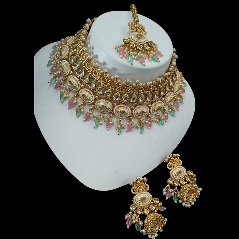 NAFJ Gold Plated Pota Stone And Pearls Meenakari Choker Necklace Set