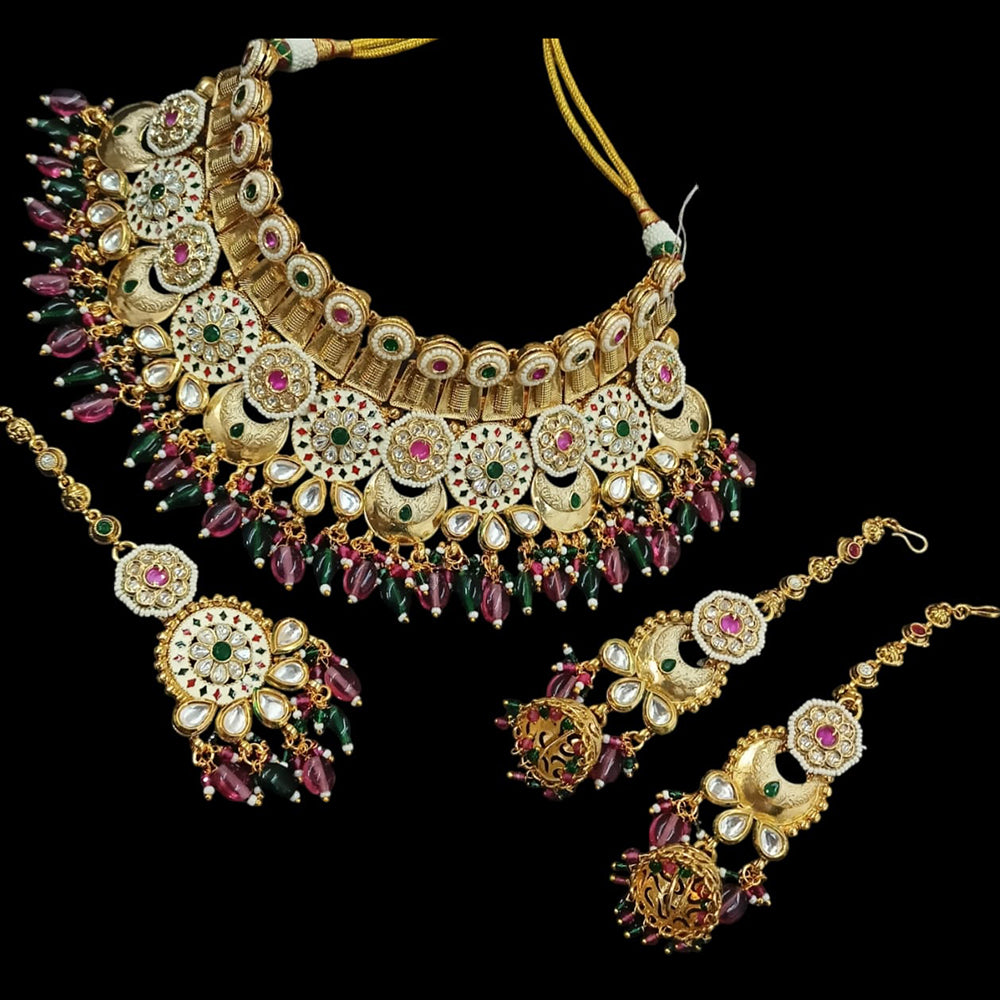 NAFJ Gold Plated Pota Stone And Pearls Meenakari Choker Necklace Set