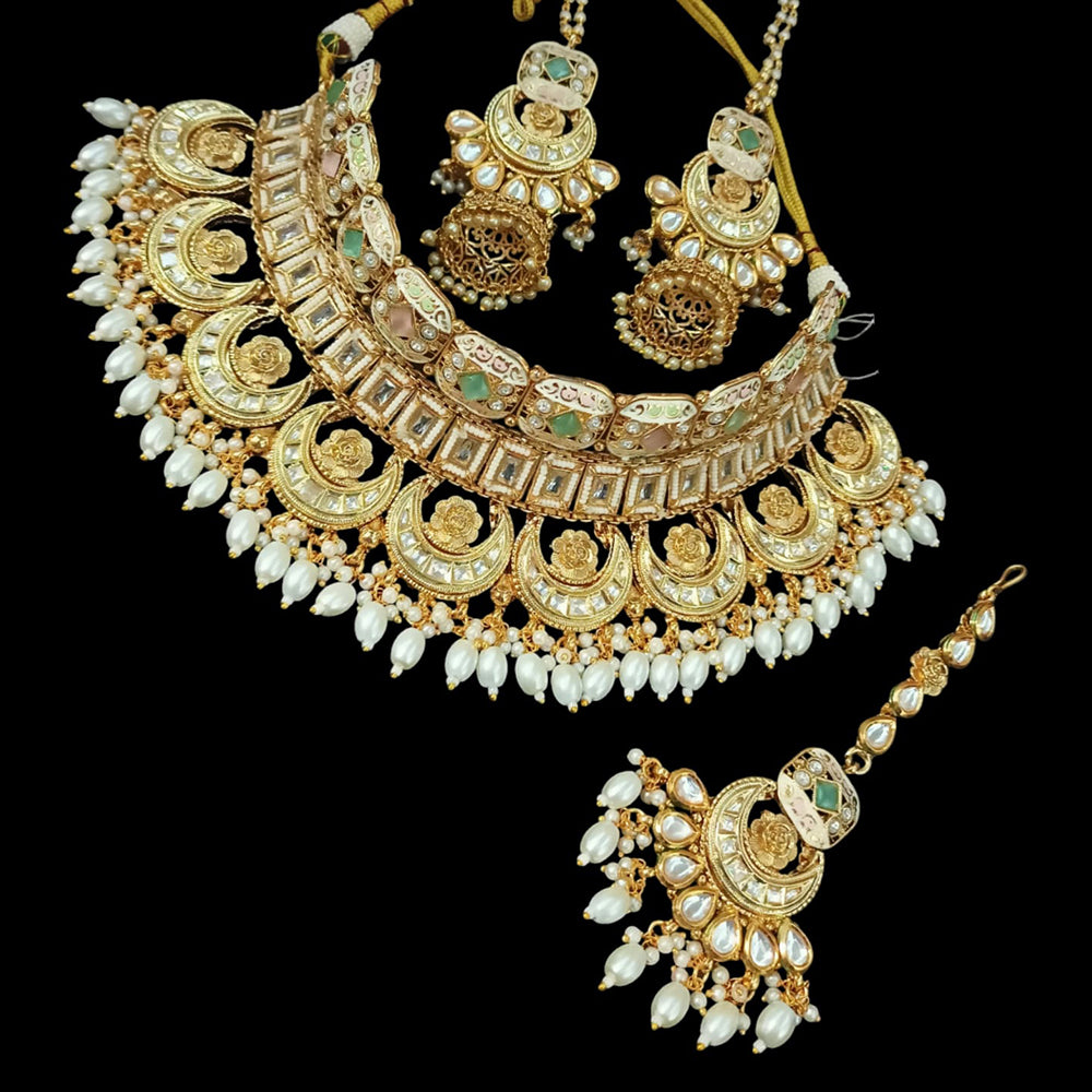 NAFJ Gold Plated Pota Stone And Pearls Meenakari Choker Necklace Set