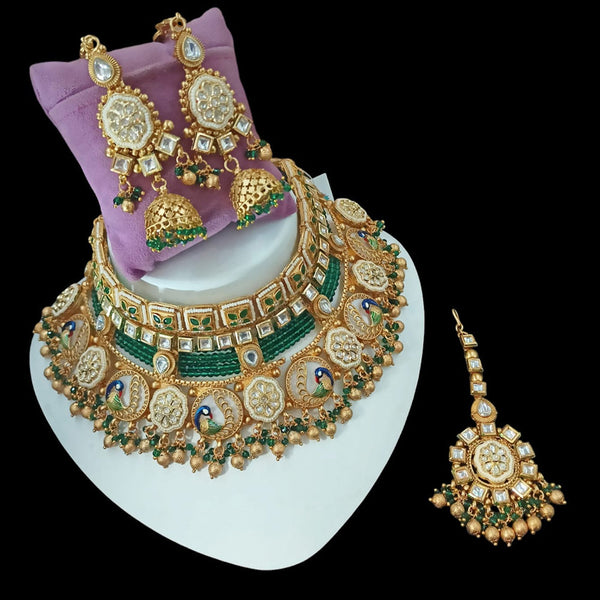 NAFJ Gold Plated Pota Stone And Pearls Meenakari Choker Necklace Set