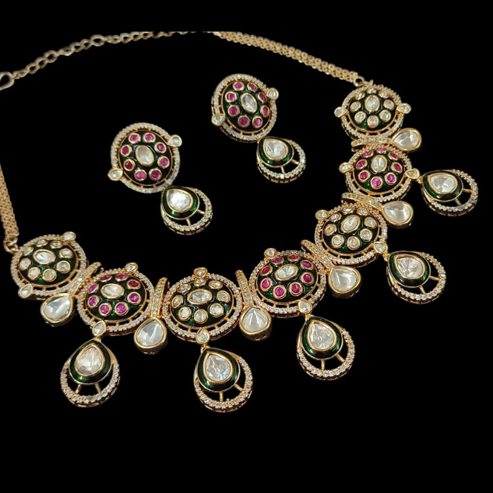 NAFJ Gold Plated Polki Kundan Stone Necklace Set