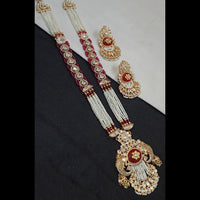 NAFJ Gold Plated Polki Kundan Stone And Pearls Long Necklace Set