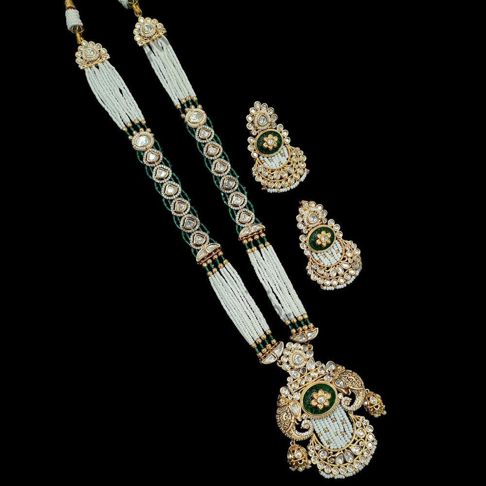 NAFJ Gold Plated Polki Kundan Stone And Pearls Long Necklace Set