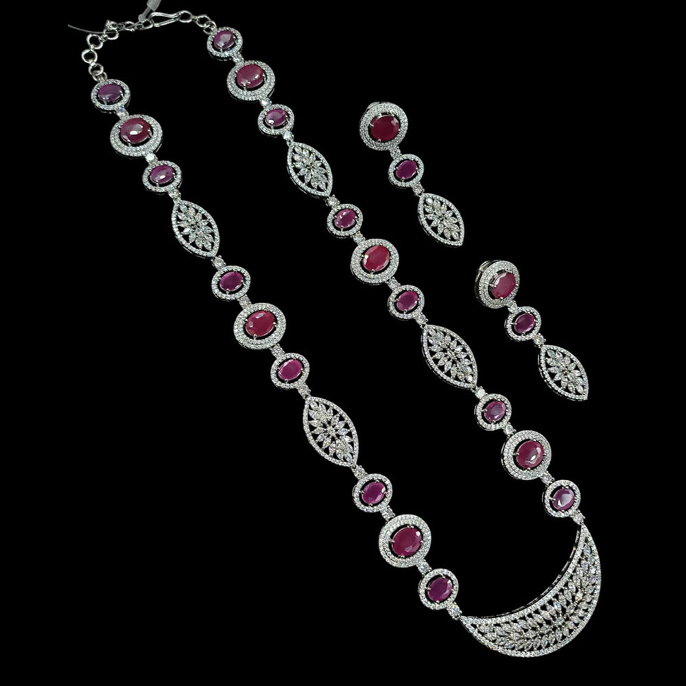 NAFJ Silver Plated American Diamond Long Necklace Set