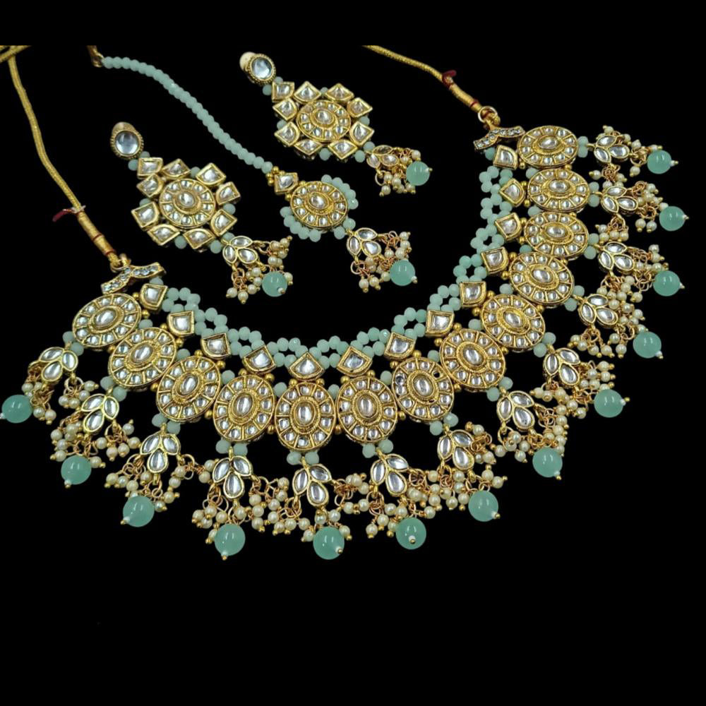 NAFJ Gold Plated Kundan Stone Pearl And Beads Necklace Set