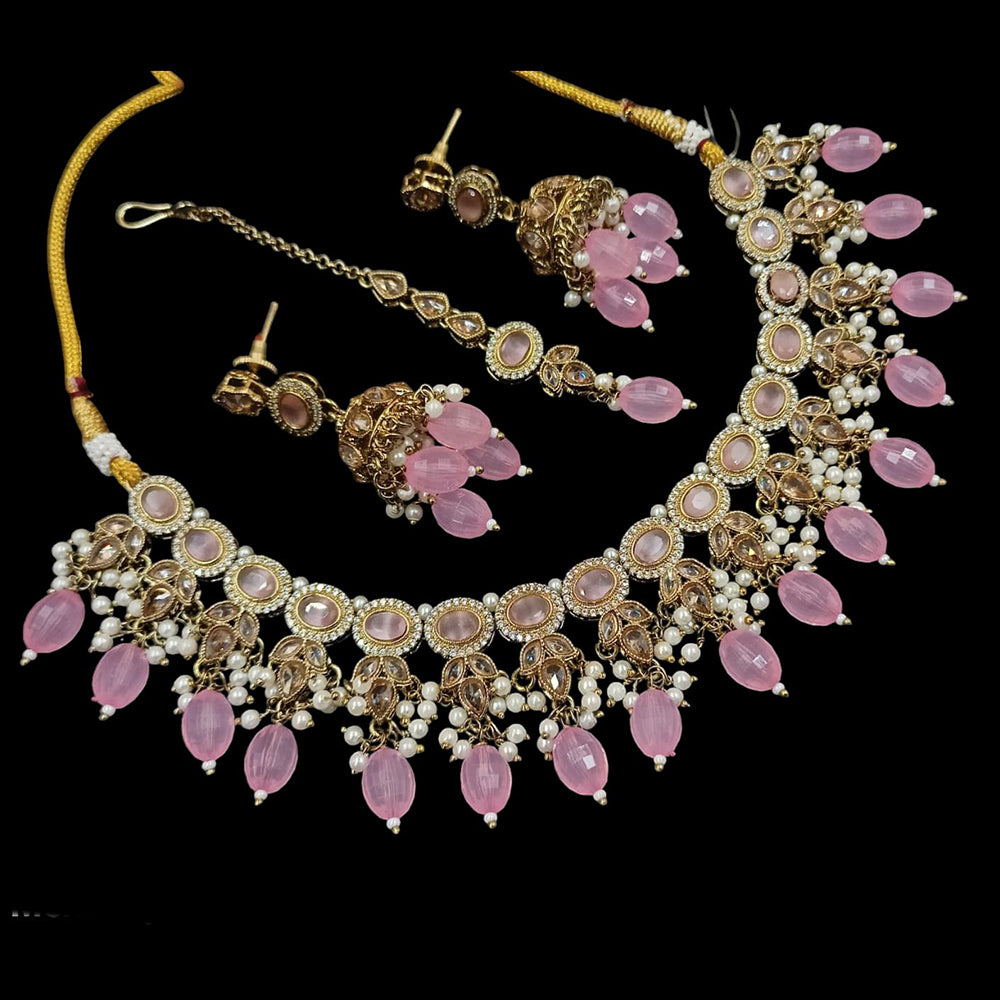 NAFJ Gold Plated Crystal Stone And Beads Necklace Set