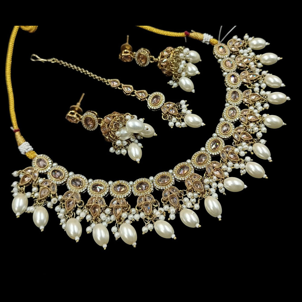 NAFJ Gold Plated Crystal Stone And Beads Necklace Set
