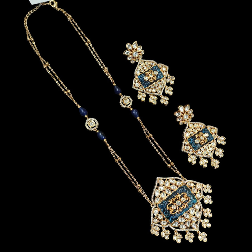 NAFJ Gold Plated Polki Kundan Stone Long Necklace Set