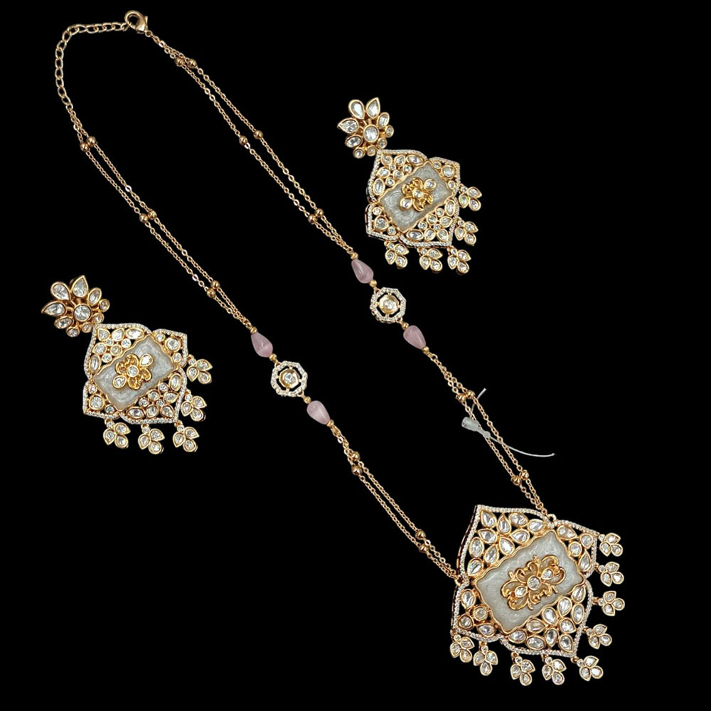 NAFJ Gold Plated Polki Kundan Stone Long Necklace Set