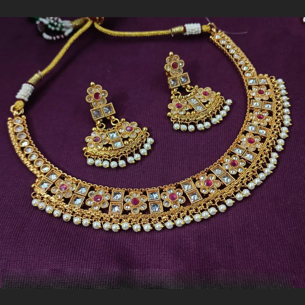 NAFJ Designer Gold Polish Pota Stone Work Pearl Necklace Set