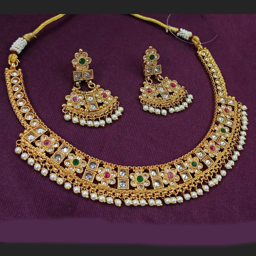 NAFJ Designer Gold Polish Pota Stone Work Pearl Necklace Set