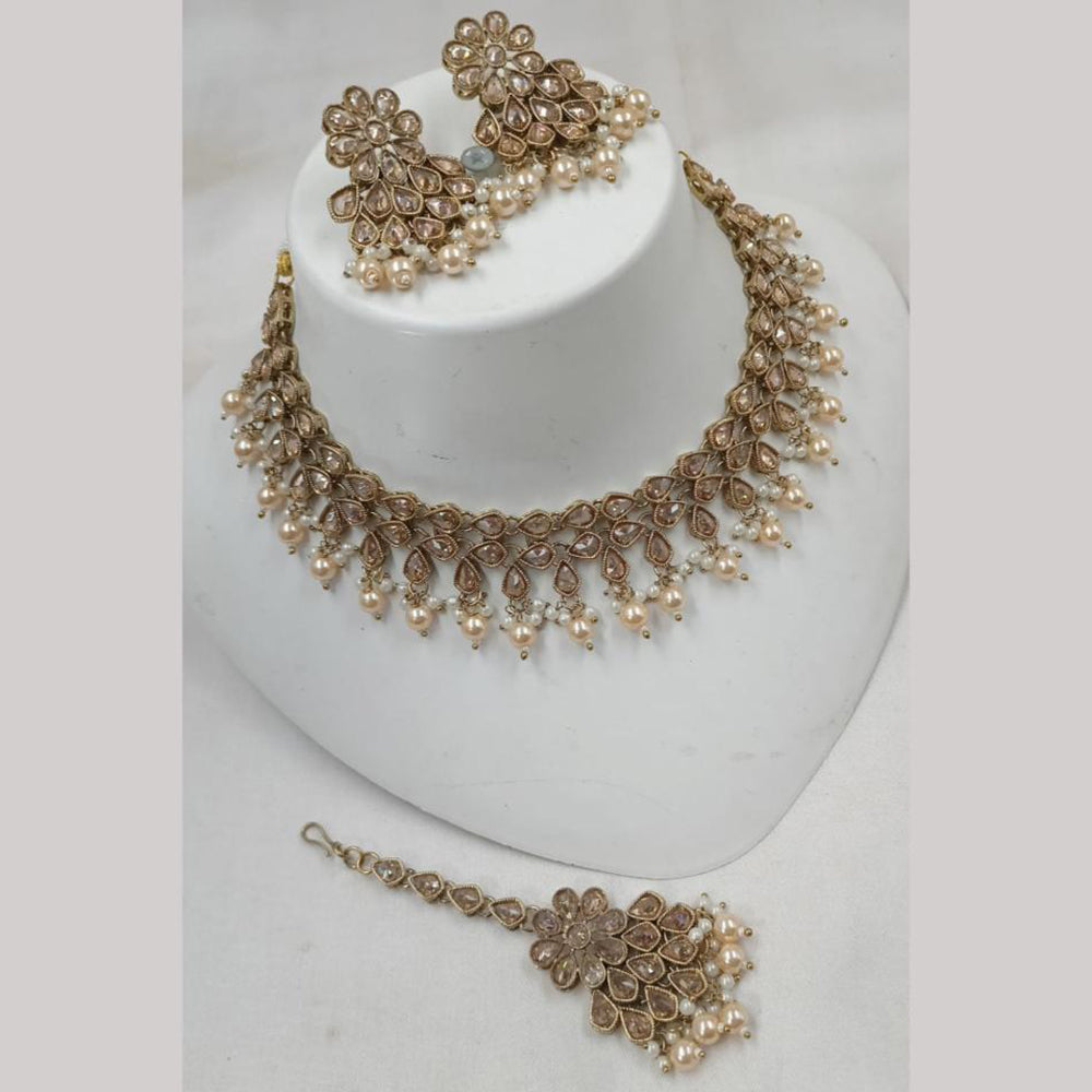 NAFJ Gold Plated Elegant Ethnic Crystal Stone & Beads Necklace Set