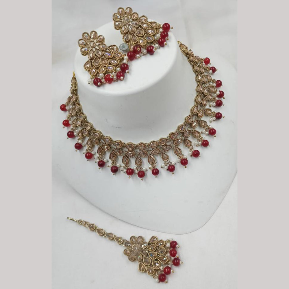 NAFJ Gold Plated Elegant Ethnic Crystal Stone & Beads Necklace Set