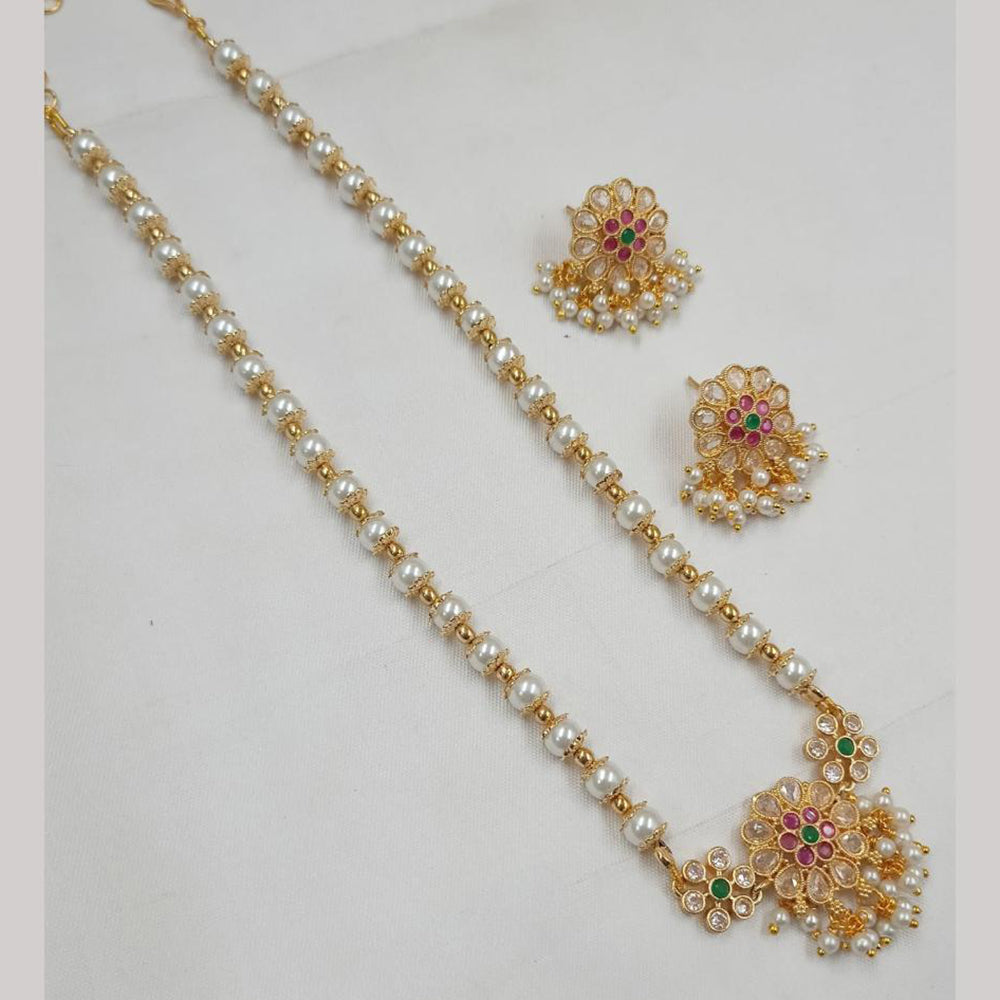 NAFJ Gold-Plated Sparkling Crystals and Elegant Pearls Long Necklace Set