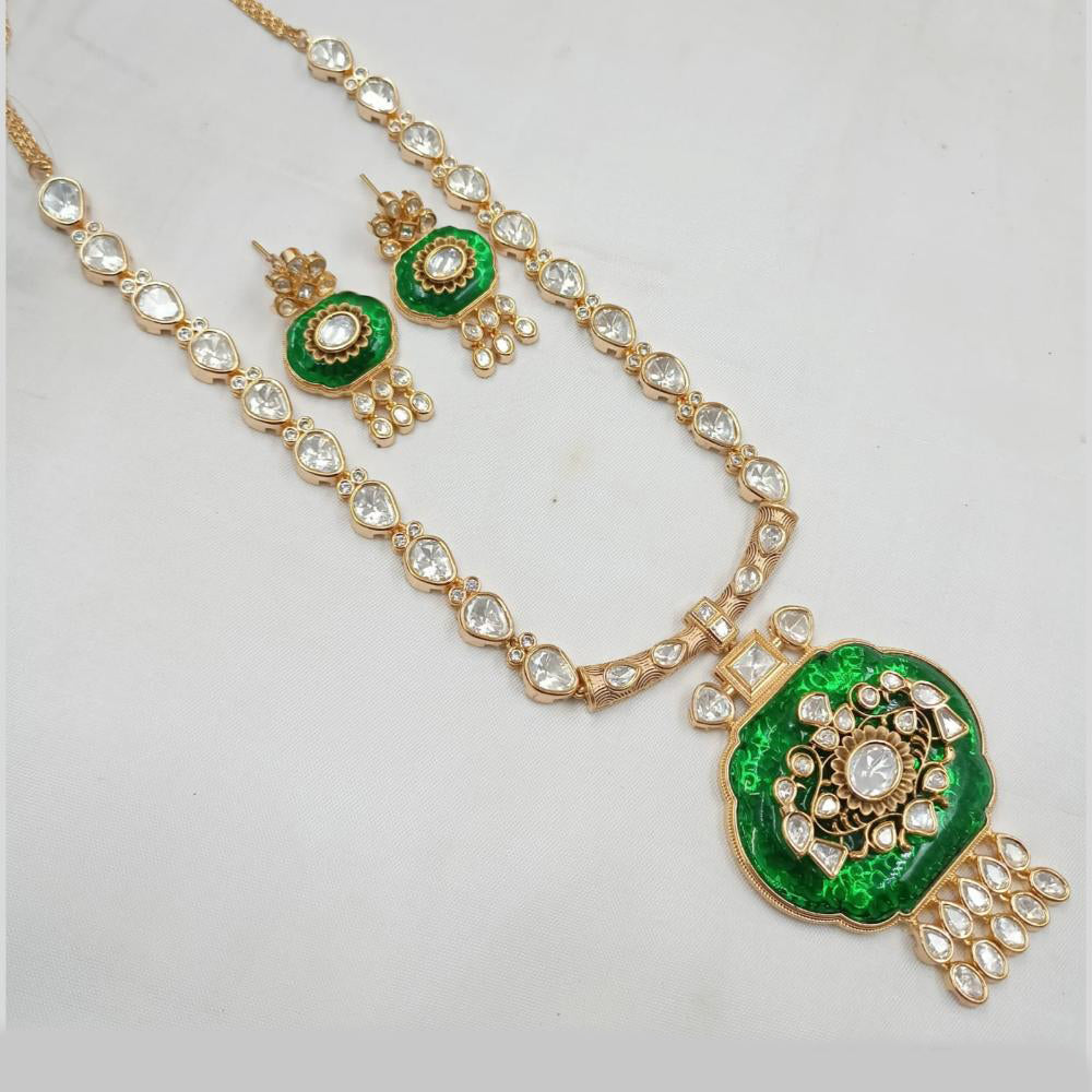 NAFJ Designer Gold Plated Polki Kundan  Ethnic Jewelry for Brides Long Necklace Set