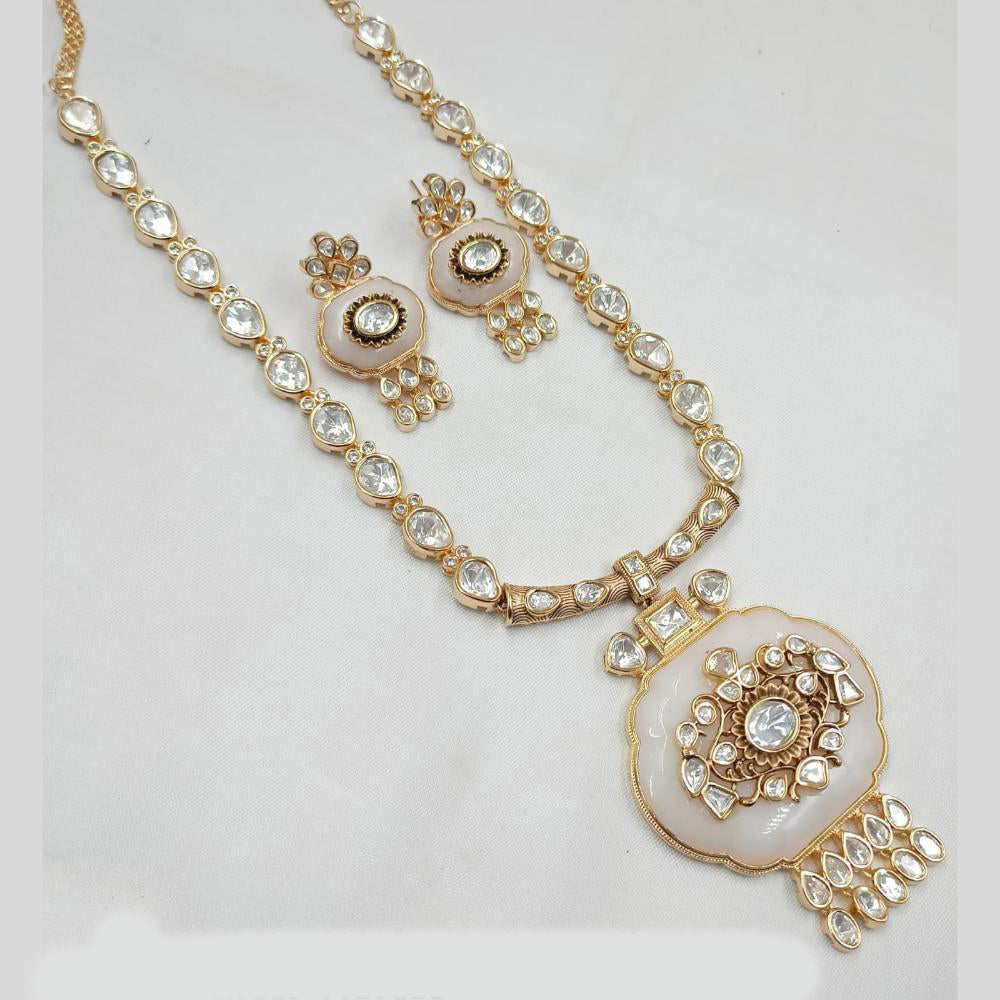NAFJ Designer Gold Plated Polki Kundan  Ethnic Jewelry for Brides Long Necklace Set