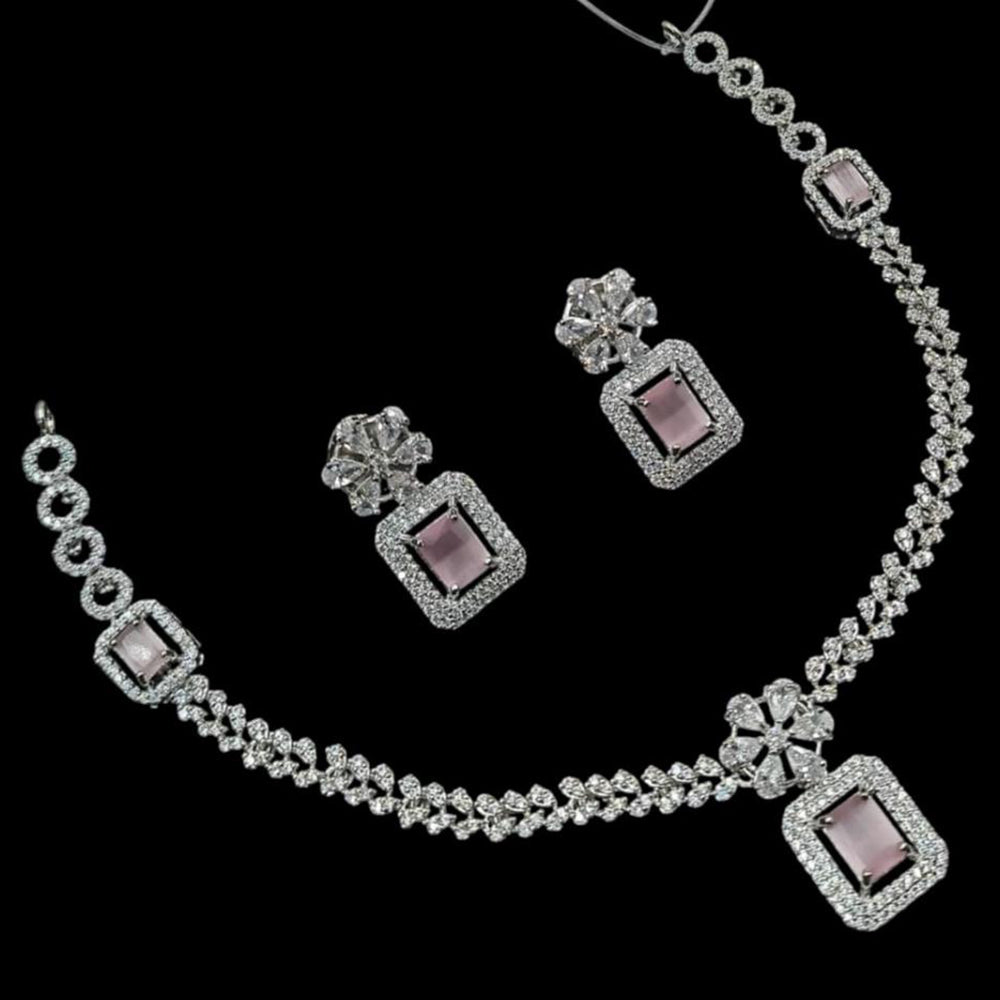 NAFJ Glamorous Silver Plated American Diamond Necklace Set