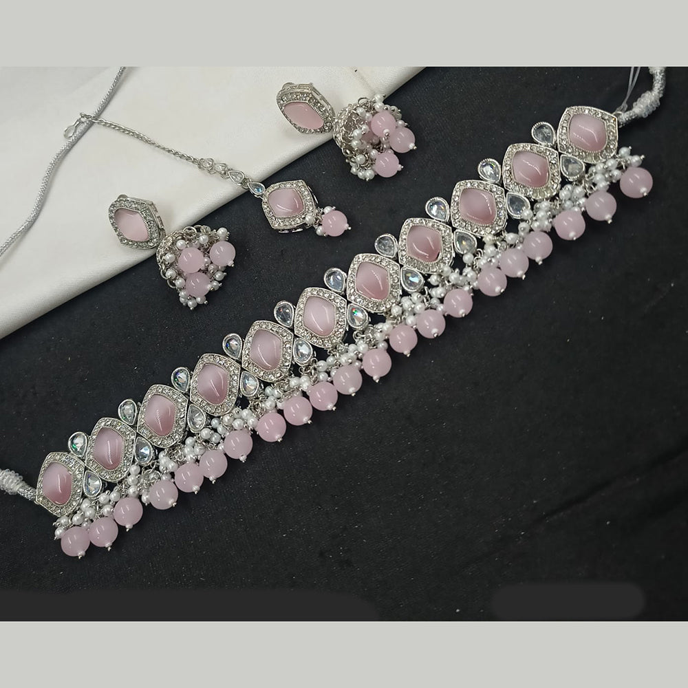 NAFJ Silver Plated Crystal & Pearl  Graceful Charm for Every Occasion Choker Necklace Set