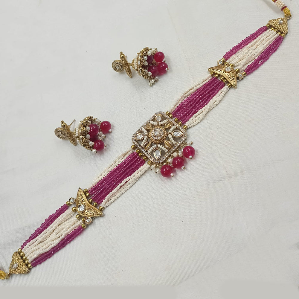 NAFJ Gold-Plated Kundan And Pearl  Elegant Bridal & Festive Jewelry Choker Necklace Set