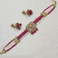 NAFJ Gold-Plated Kundan And Pearl  Elegant Bridal & Festive Jewelry Choker Necklace Set