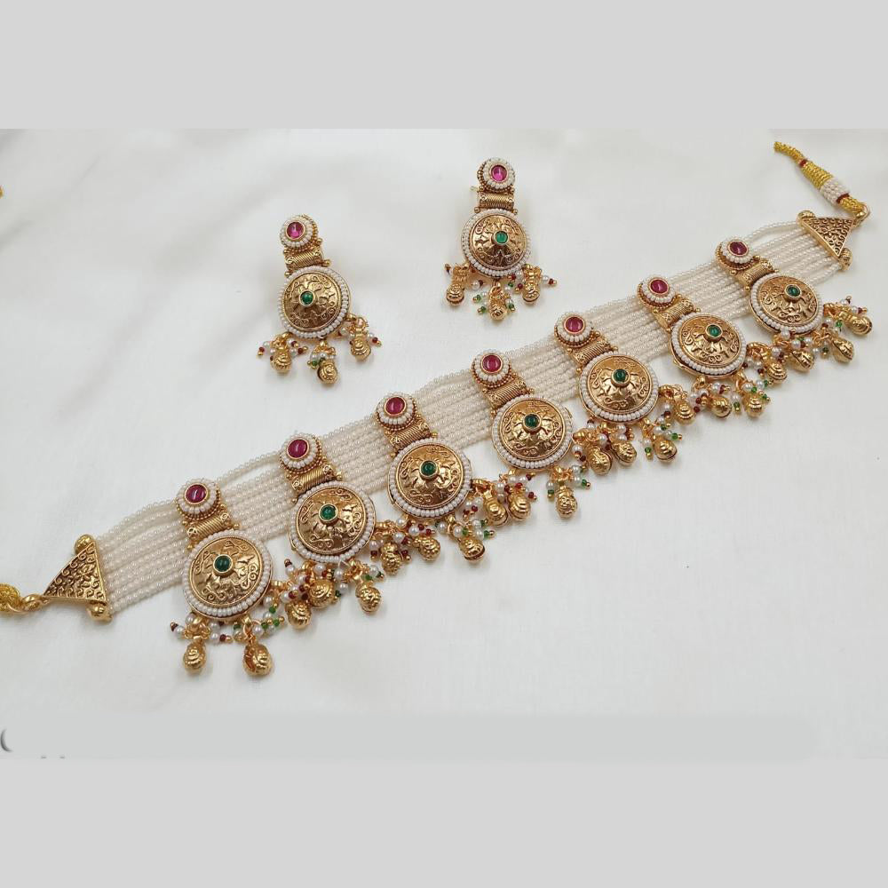 NAFJ Gold Plated Premium Ethnic Pota Stones and Pearls Ideal for Weddings and Celebrations Choker Necklace Set