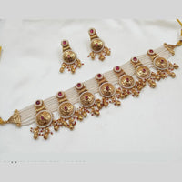 NAFJ Gold Plated Premium Ethnic Pota Stones and Pearls Ideal for Weddings and Celebrations Choker Necklace Set