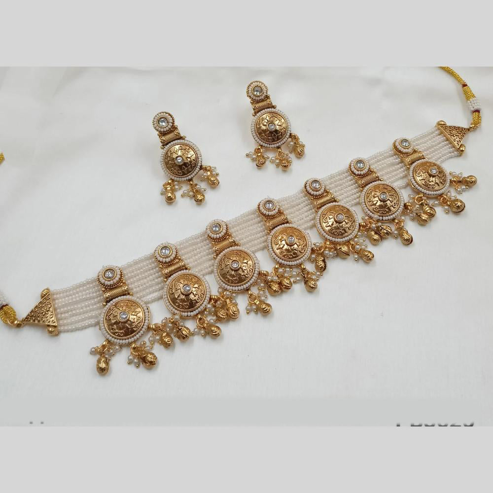 NAFJ Gold Plated Premium Ethnic Pota Stones and Pearls Ideal for Weddings and Celebrations Choker Necklace Set