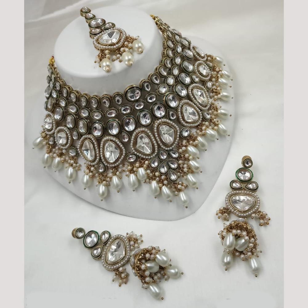 NAFJ Gold Plated Kundan And Beads Choker Necklace Set