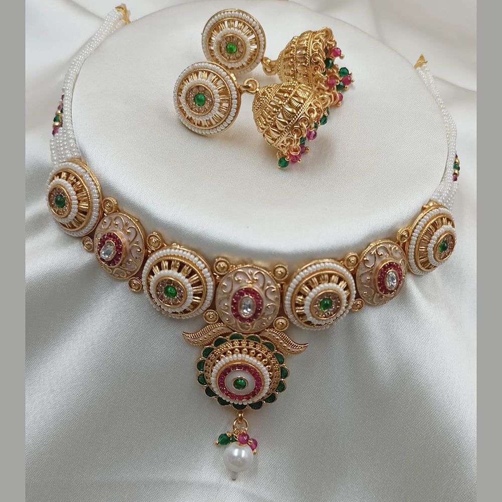 NAFJ Gold Plated Pota Stone And Pearls Meenakari Necklace Set