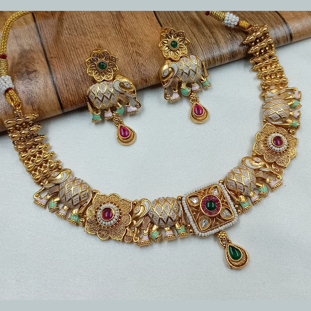 NAFJ Gold Plated Pota Stone And Pearls Meenakari Necklace Set