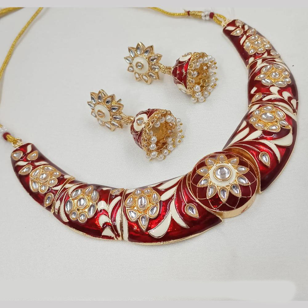 NAFJ Gold Plated Kundan And Meenakari Choker Necklace Set