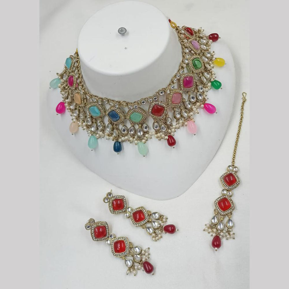 NAFJ Gold Plated Kundan And Beads Choker Necklace Set