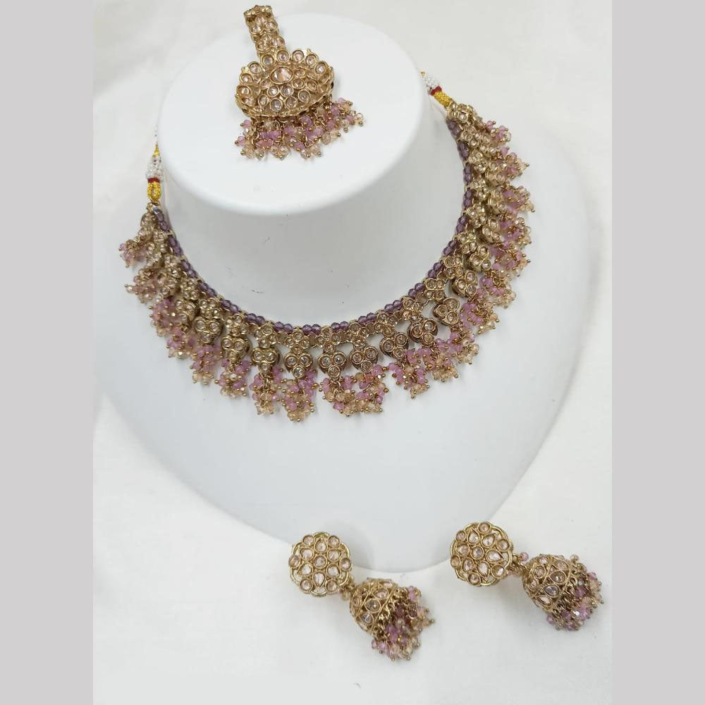 NAFJ Gold Plated Timeless Beauty Crystal And  Beads Choker Necklace Set