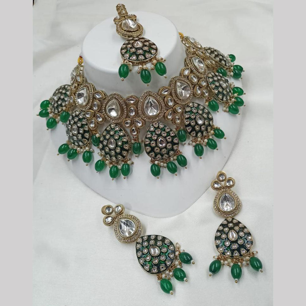NAFJ Gold Plated Kundan And Beads And Meenakari Choker Necklace Set