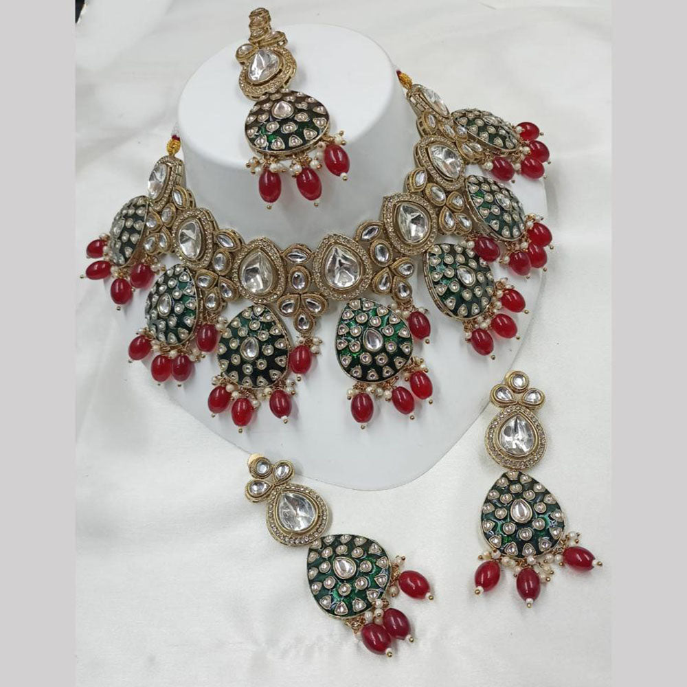 NAFJ Gold Plated Kundan And Beads And Meenakari Choker Necklace Set