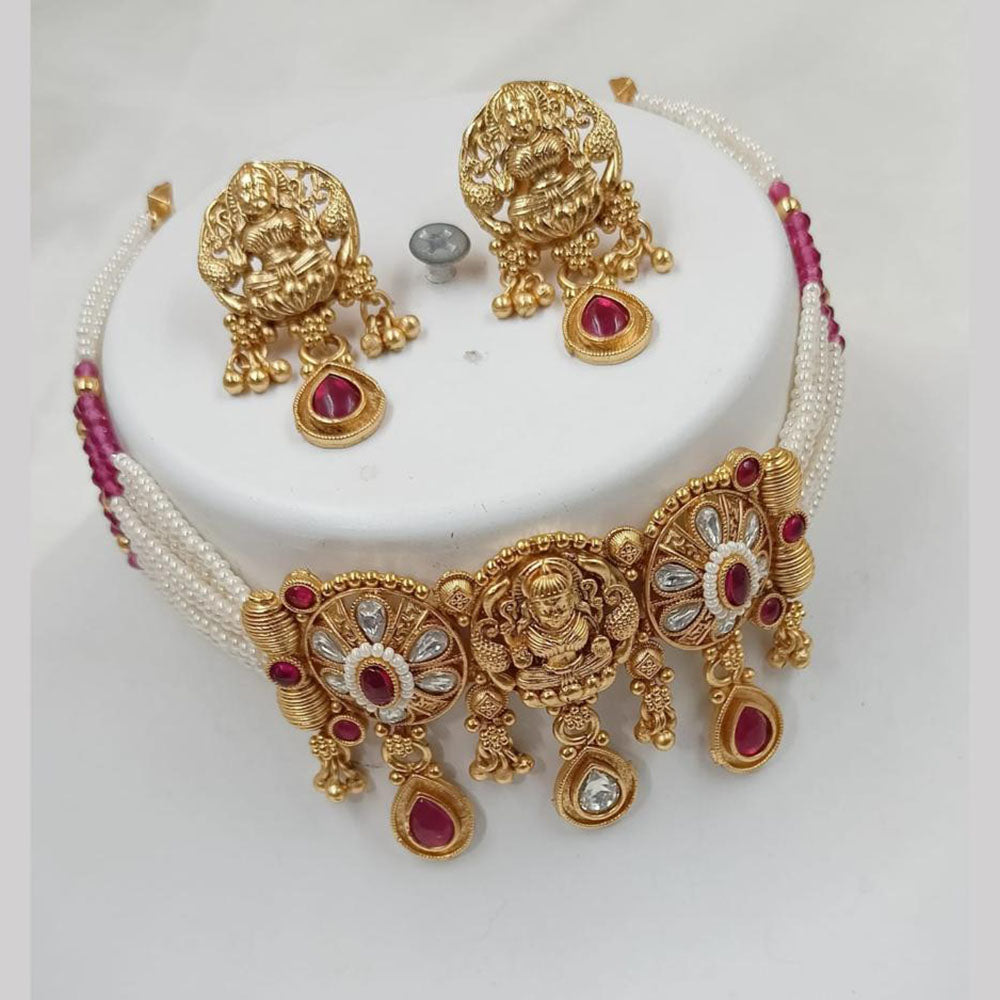 NAFJ Gold Plated Kundan And Beads Choker Necklace Set