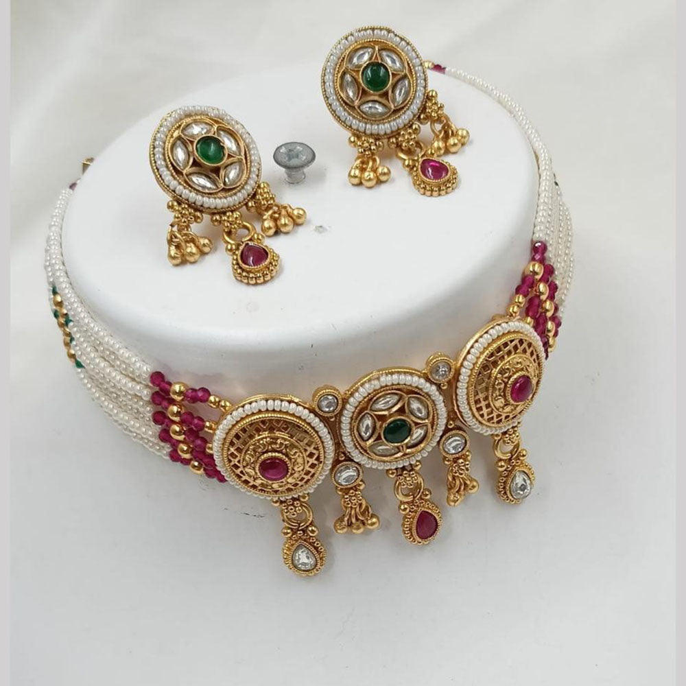 NAFJ Gold Plated Kundan And Beads Choker Necklace Set