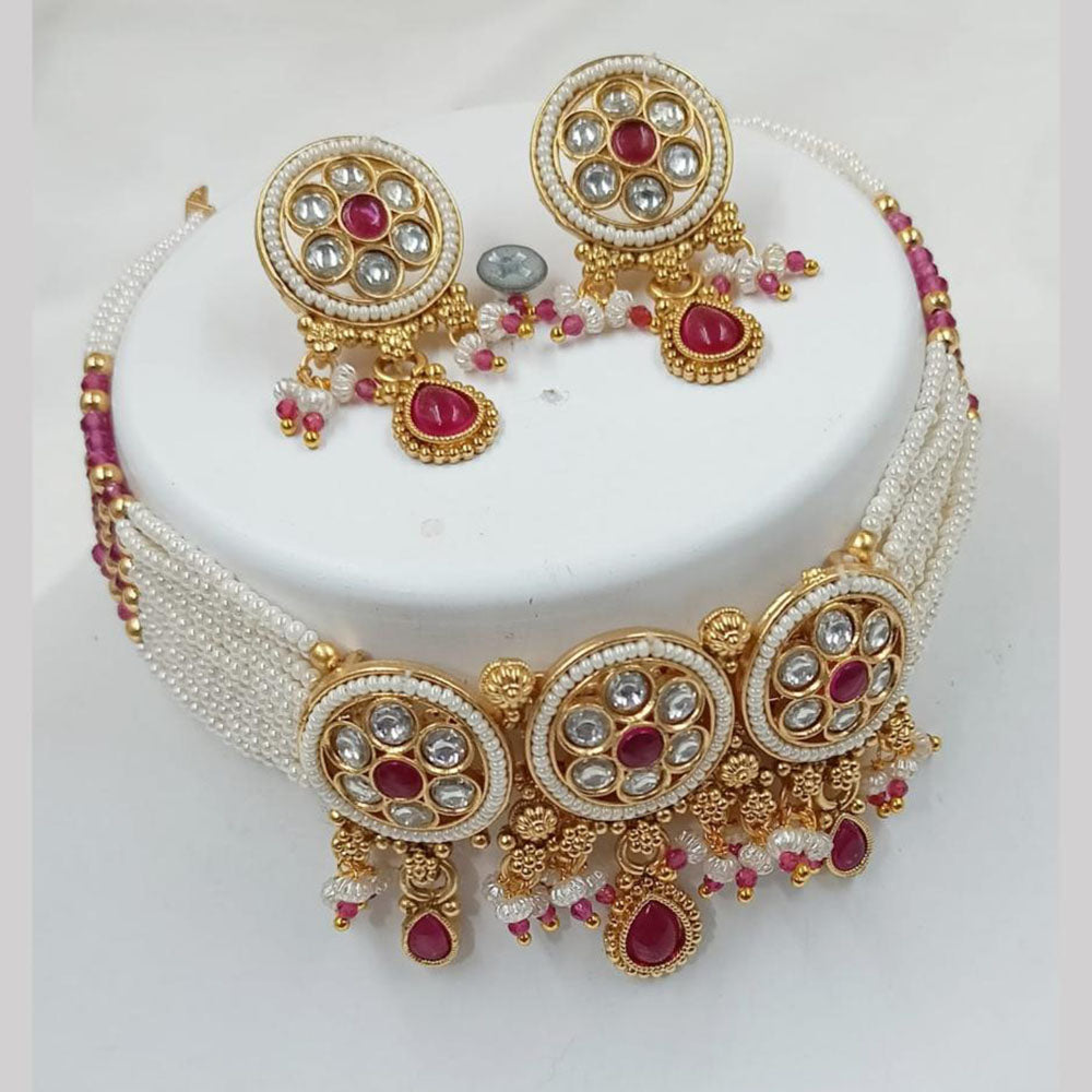 NAFJ Gold Plated Kundan And Beads Choker Necklace Set