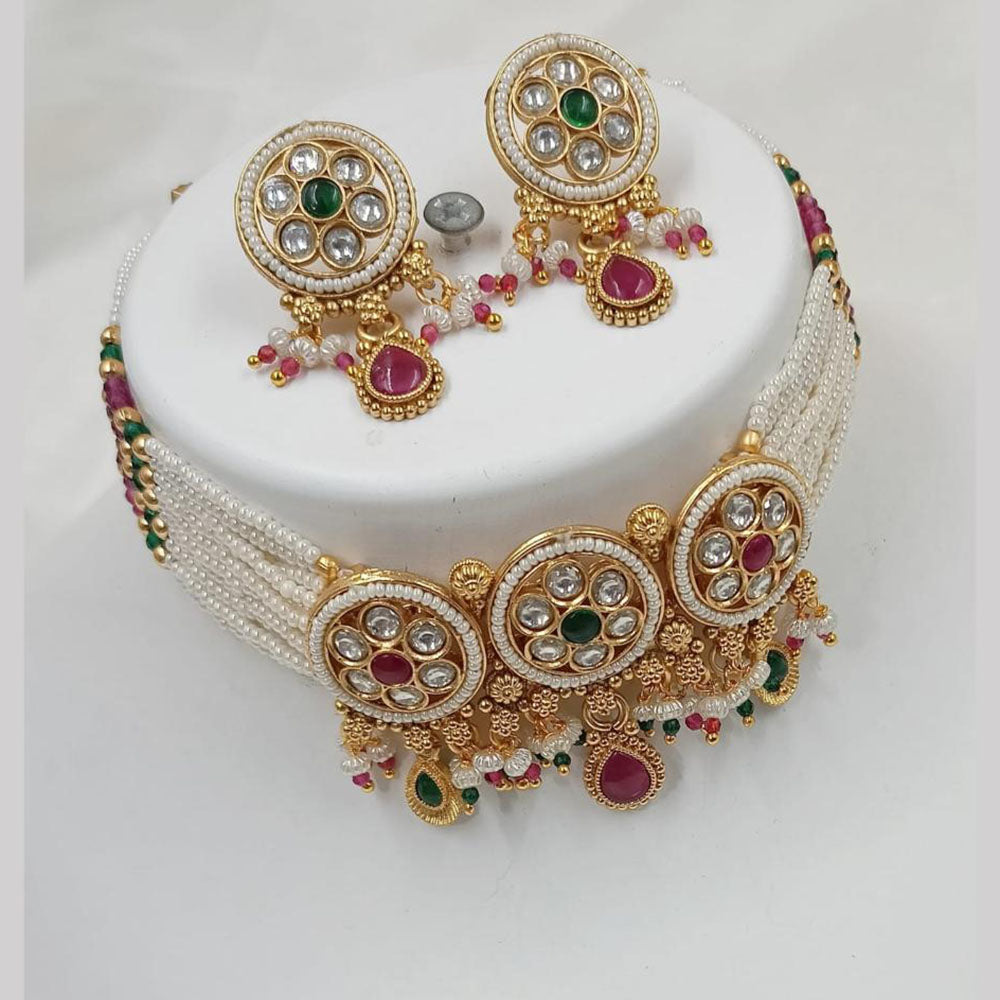 NAFJ Gold Plated Kundan And Beads Choker Necklace Set