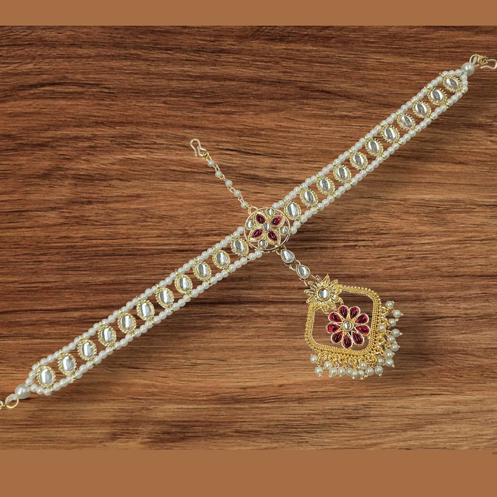NAFJ Gold Plated Kundan Stone And Pearls Damini Maangtikka