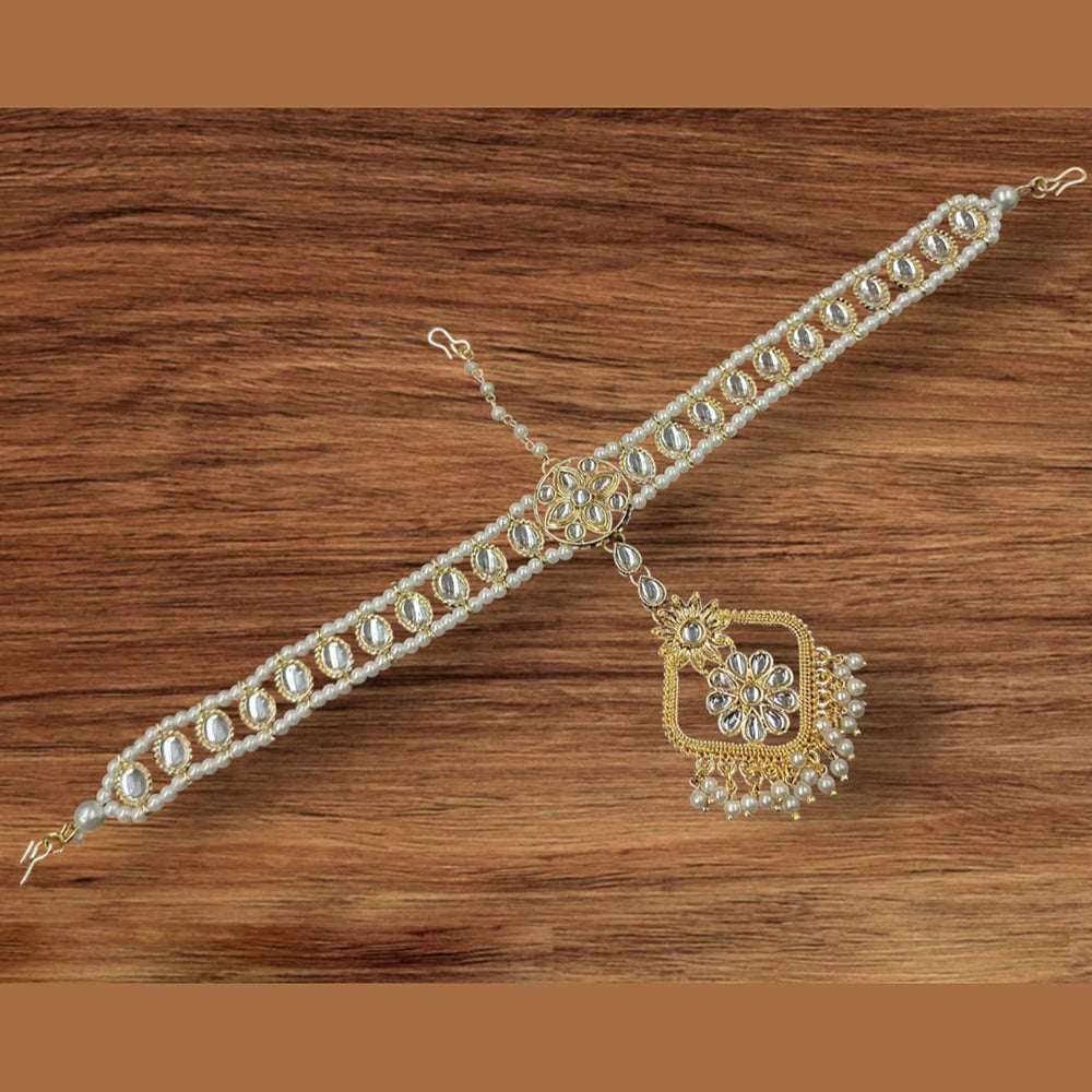 NAFJ Gold Plated Kundan Stone And Pearls Damini Maangtikka