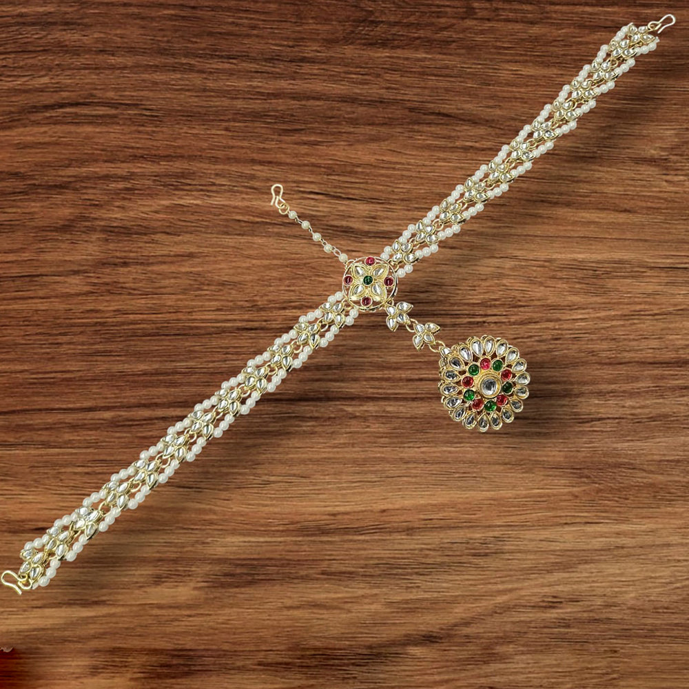 NAFJ Gold Plated Kundan Stone And Pearls Damini Maangtikka